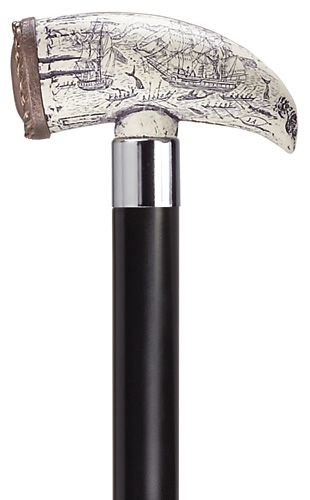 Embossed Whale Tooth with Black Shaft in Antique Scrimshaw-Classy Walking Canes