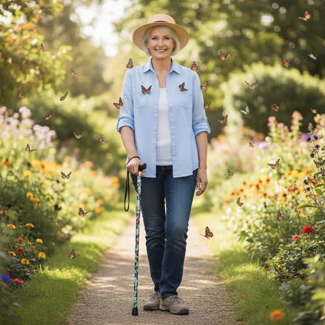 Petite Ladies Folding Adjustable Butterflies Design-Classy Walking Canes