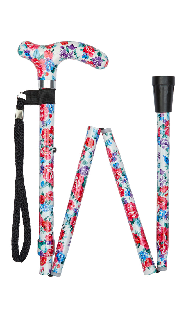 Petite Ladies Folding Adjustable White Floral Design-Classy Walking Canes
