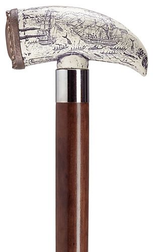 Embossed Whale Tooth with Walnut Shaft in Antique Scrimshaw-Classy Walking Canes