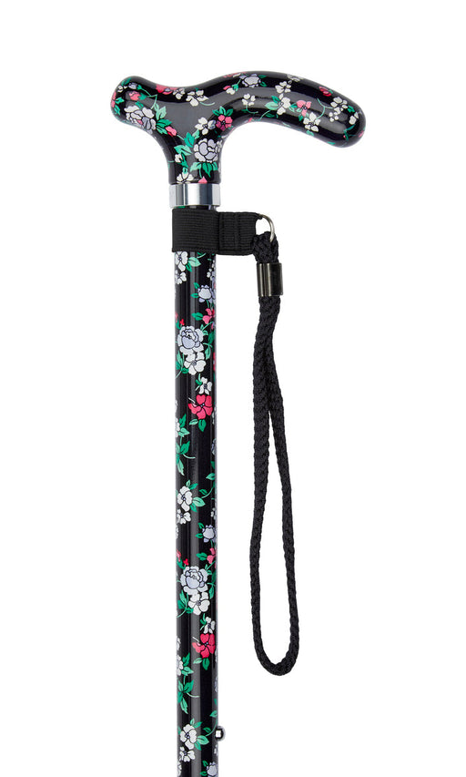 Petite Ladies Adjustable Black Floral Design-Classy Walking Canes