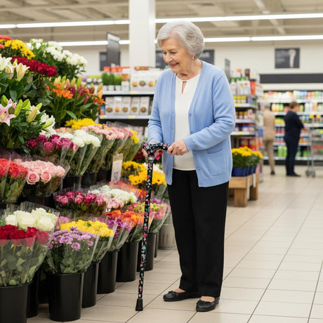 Petite Ladies Folding Adjustable Black Floral Design-Classy Walking Canes