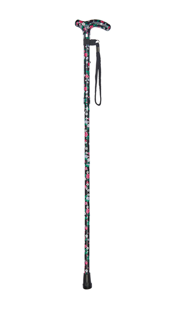 Petite Ladies Folding Adjustable Black Floral Design-Classy Walking Canes