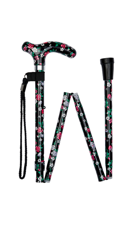 Petite Ladies Folding Adjustable Black Floral Design-Classy Walking Canes
