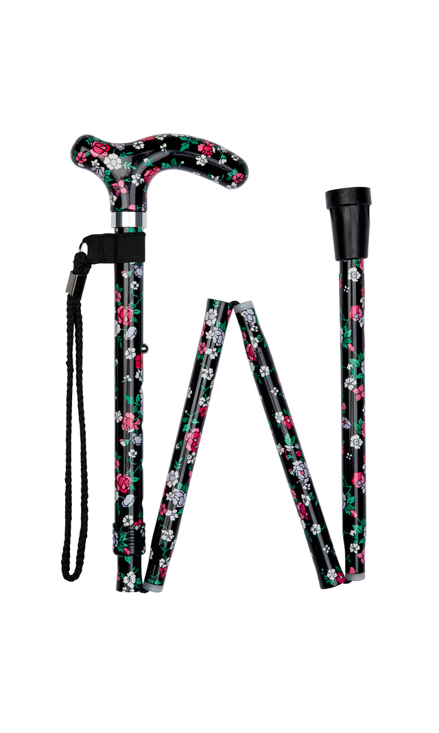 Petite Ladies Folding Adjustable Black Floral Design-Classy Walking Canes