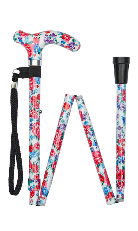 Petite Ladies Folding Adjustable White Floral Design-Classy Walking Canes