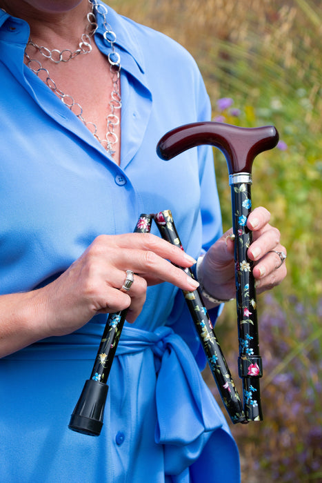 Extra Short Petite Adjustable Folding Derby in Black Floral-Classy Walking Canes