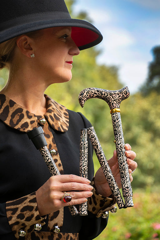 Bastón ajustable plegable con diseño de leopardo con mango Derby-Bastones para caminar con clase