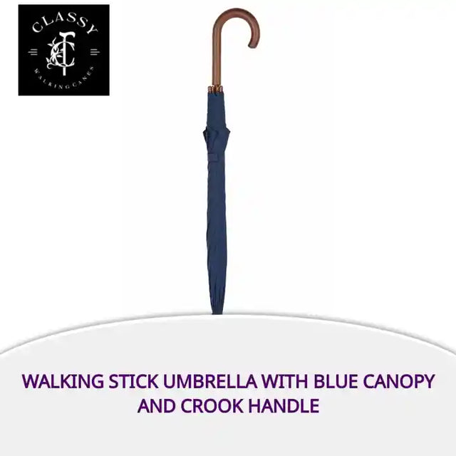 Walking Stick Umbrella with Blue Canopy and Crook Handle by@Outfy