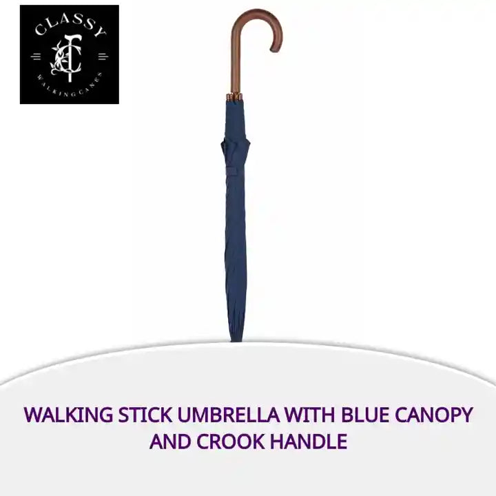 Walking Stick Umbrella with Blue Canopy and Crook Handle by@Outfy