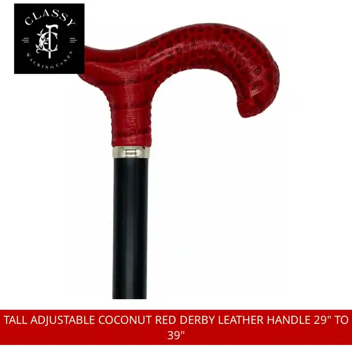 Tall Adjustable Coconut Red Derby Leather Handle 29&quot; to 39&quot; by@Outfy