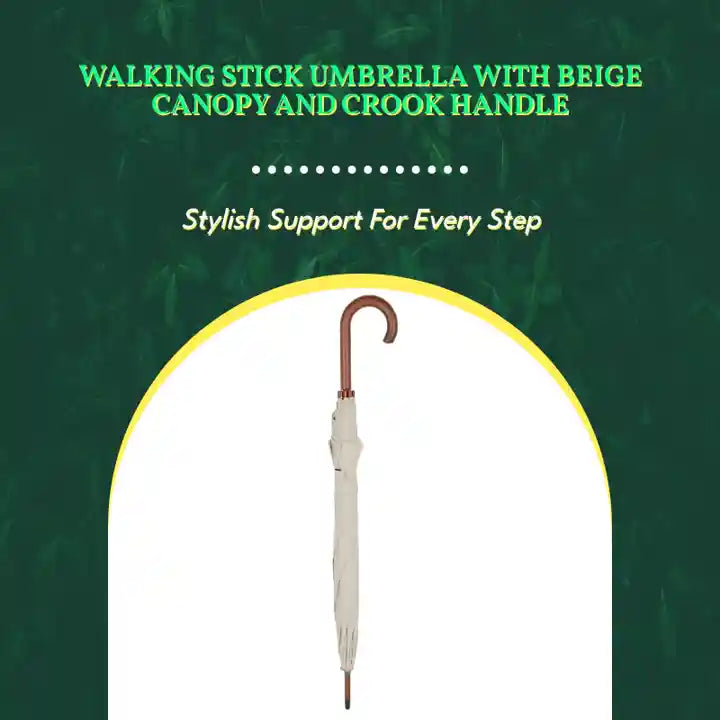 Walking Stick Umbrella with Beige Canopy and Crook Handle by@Outfy