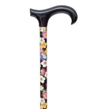 Fabric Wrapped Adjustable Derby in Black and Multi Floral-Classy Walking Canes